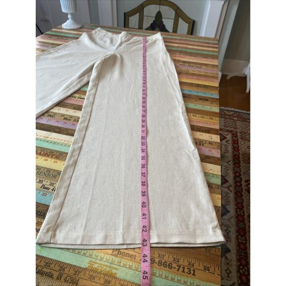 Faeriesty L LINEN Blend Wide Leg Pants Natural Vacation Lagenlook Boho - Picture 7 of 13